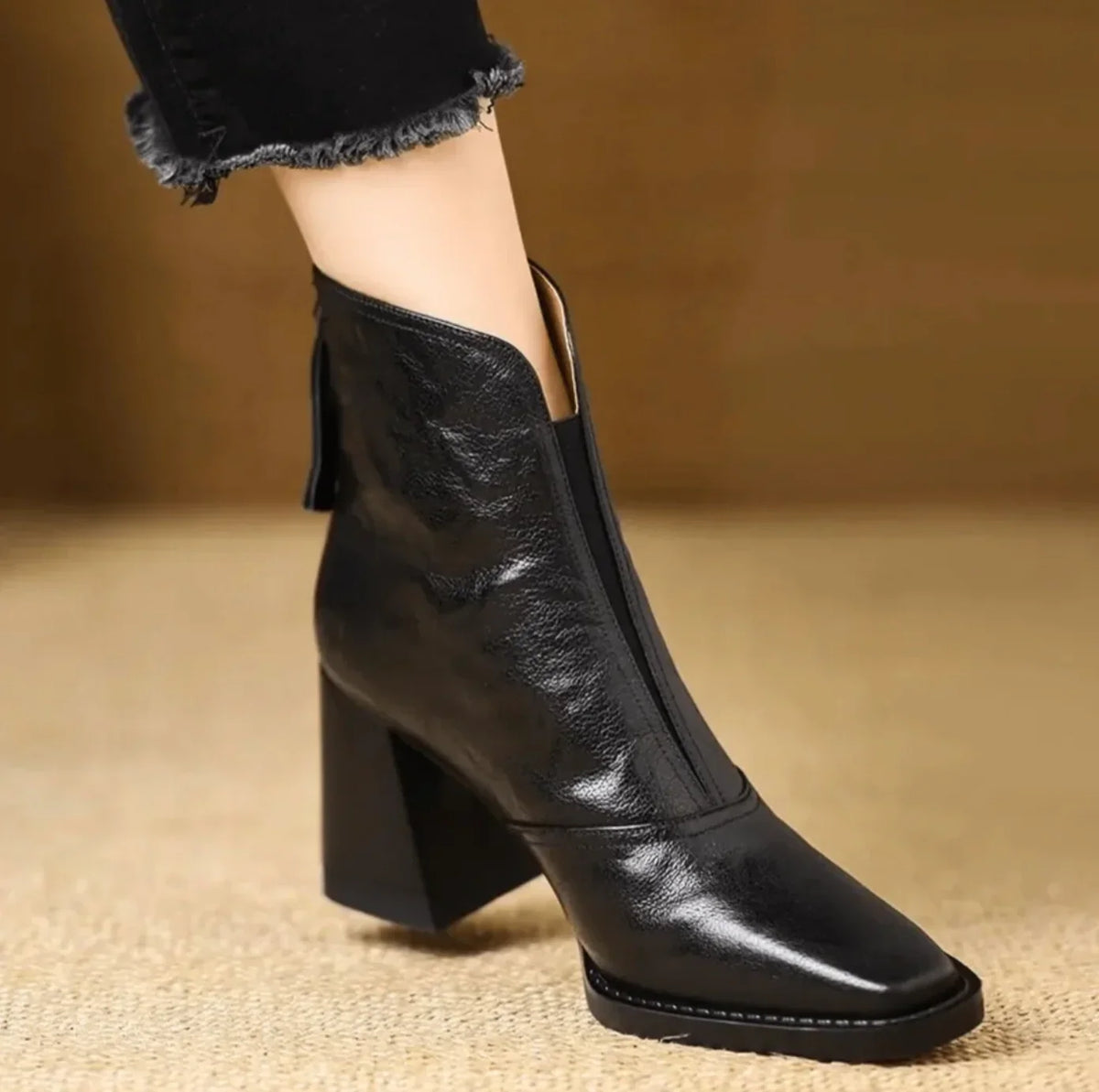 Women's Leather Ankle Boots Square Toe Block Heel