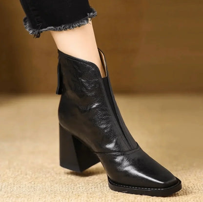Women's Leather Ankle Boots Square Toe Block Heel