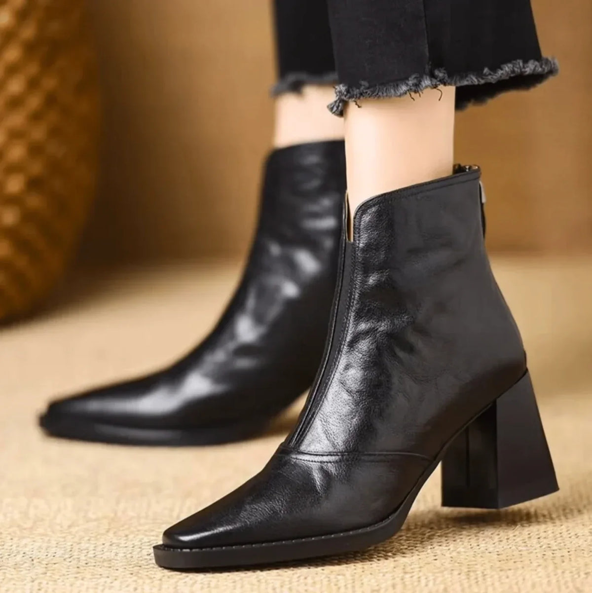Women's Leather Ankle Boots Square Toe Block Heel