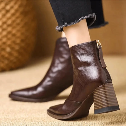 Women's Leather Ankle Boots Square Toe Block Heel