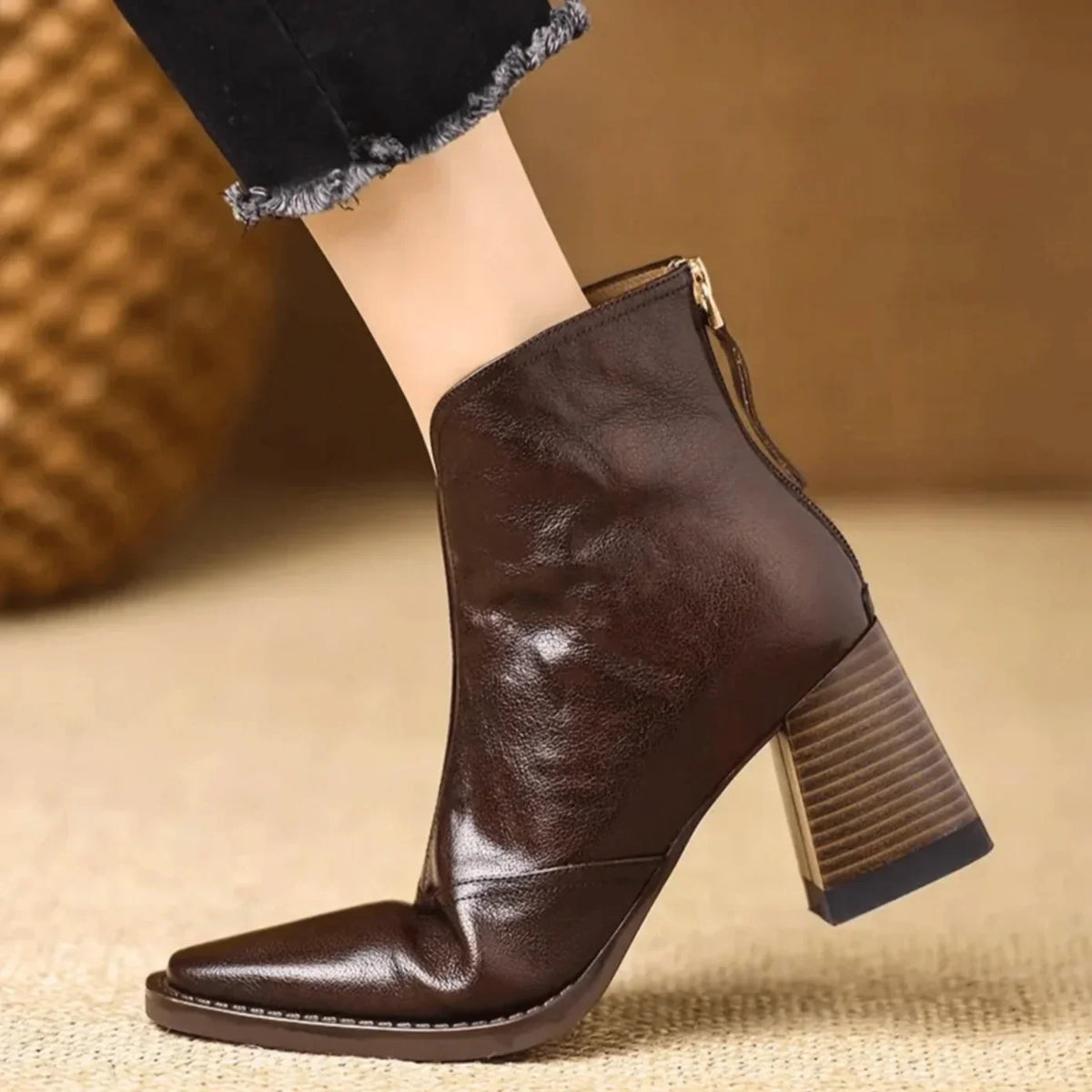 Women's Leather Ankle Boots Square Toe Block Heel