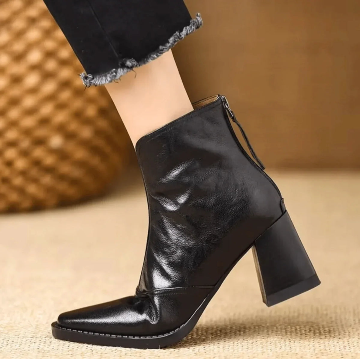 Women's Leather Ankle Boots Square Toe Block Heel