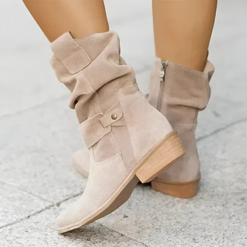 Women's Slouchy Ankle Boots Low Heel Side-Zip