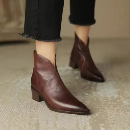 Women's Leather Ankle Boots Pointed Toe Block Heel