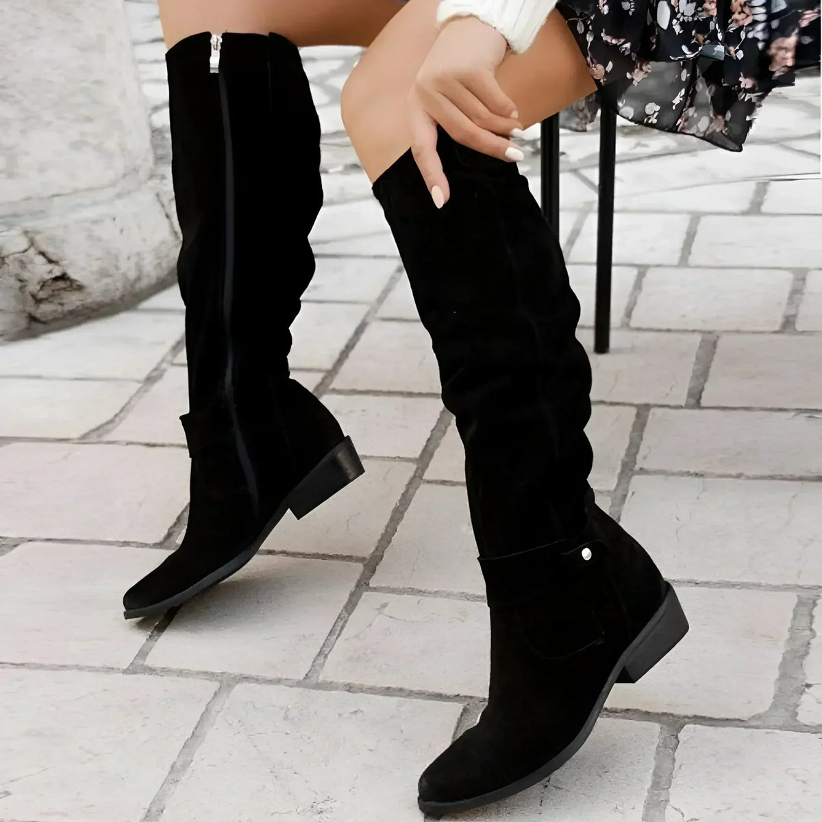 Women's Slouchy Knee-High Boots Buckle Side-Zip