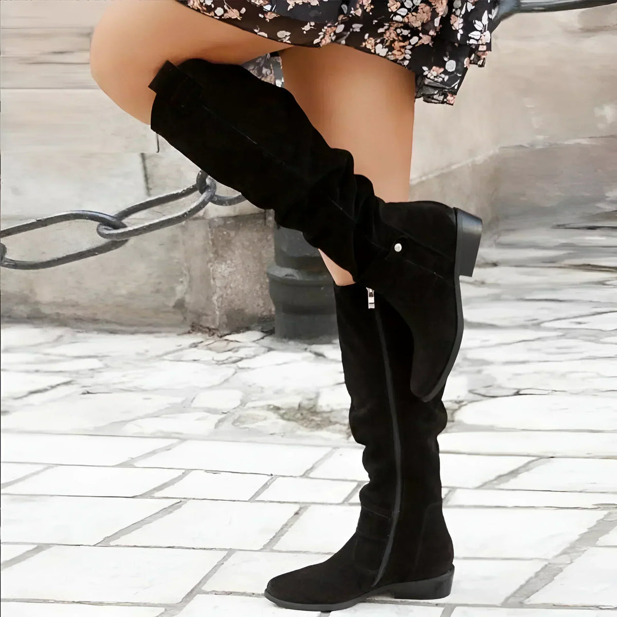 Women's Slouchy Knee-High Boots Buckle Side-Zip