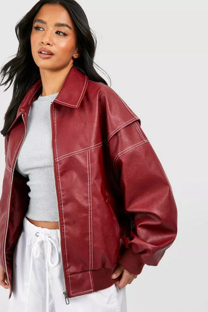 Women’s Leather Bomber Jacket - Collared Ribbed Cuffs