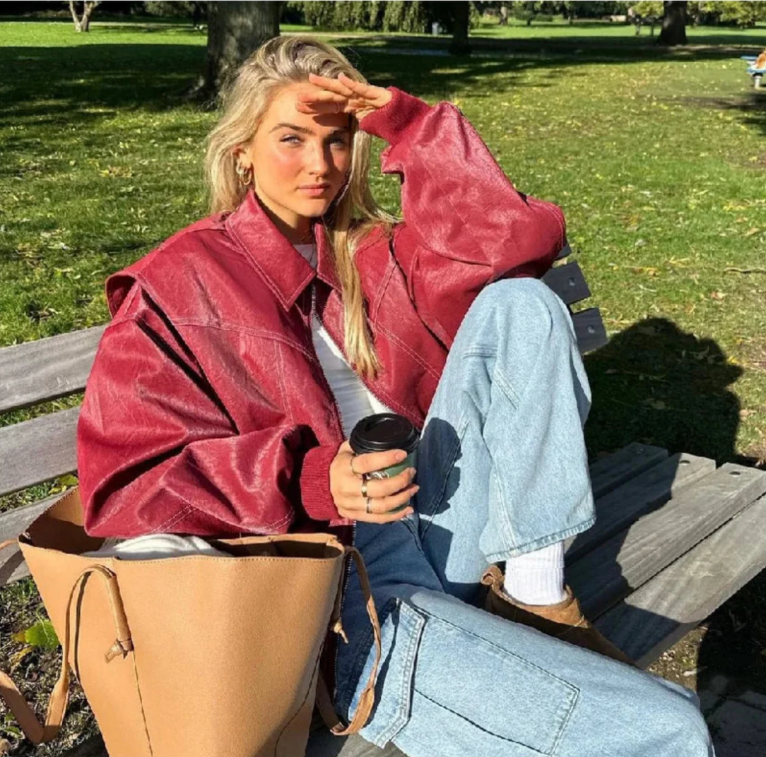 Women’s Leather Bomber Jacket - Collared Ribbed Cuffs