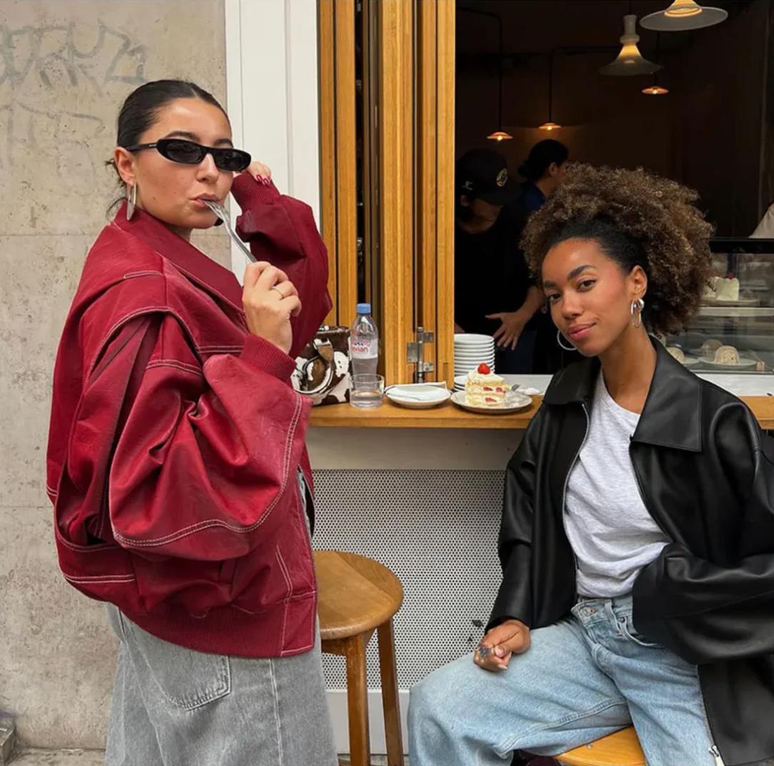 Women’s Leather Bomber Jacket - Collared Ribbed Cuffs