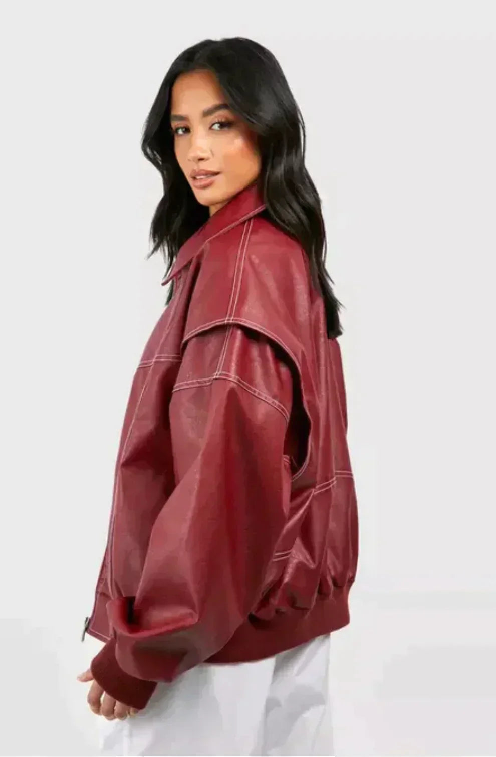 Women’s Leather Bomber Jacket - Collared Ribbed Cuffs