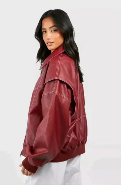 Women’s Leather Bomber Jacket - Collared Ribbed Cuffs