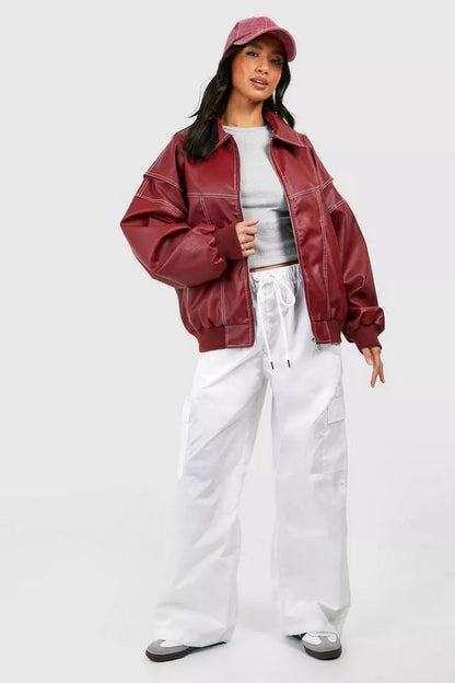 Women’s Leather Bomber Jacket - Collared Ribbed Cuffs