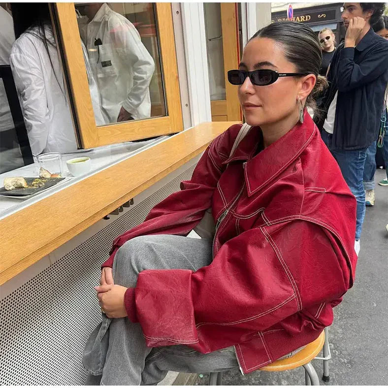 Women’s Leather Bomber Jacket - Collared Ribbed Cuffs