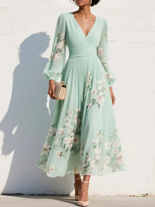Brireth | V-Neck Floral Wedding Guest Dress with Feminine Elegant Look