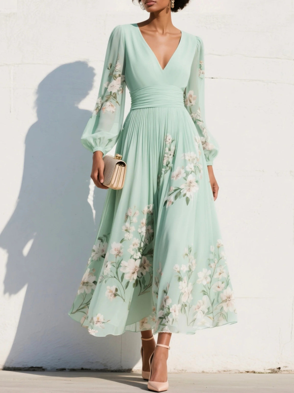 Brireth | V-Neck Floral Wedding Guest Dress with Feminine Elegant Look