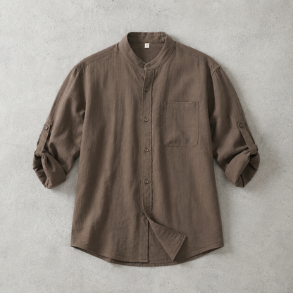 Men's Stand Collar Shirt - Casual Roll Sleeve Button Down
