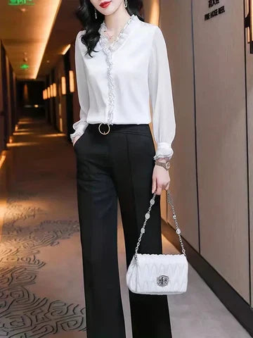 Lorelai | Women's Office Blouse with Long Sleeve and Elegant Ruffle Detail