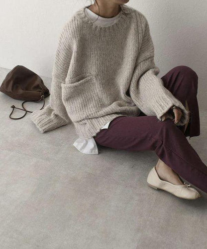 Women's Chunky Knit Sweater – Crewneck with Front Pockets