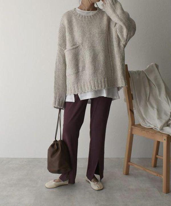 Women's Chunky Knit Sweater – Crewneck with Front Pockets