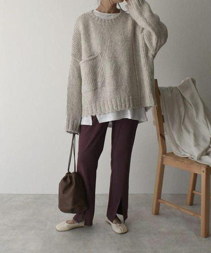 Women's Chunky Knit Sweater – Crewneck with Front Pockets