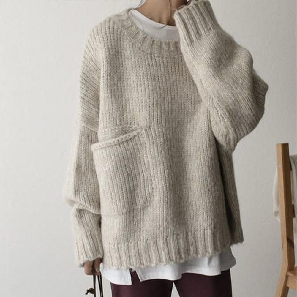 Women's Chunky Knit Sweater – Crewneck with Front Pockets