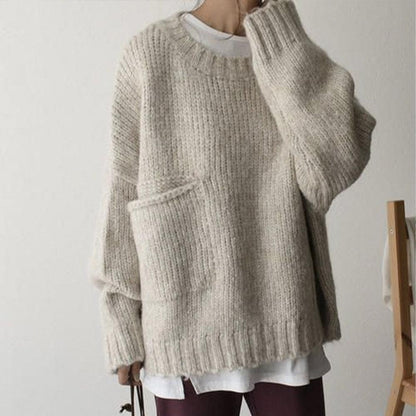 Women's Chunky Knit Sweater – Crewneck with Front Pockets