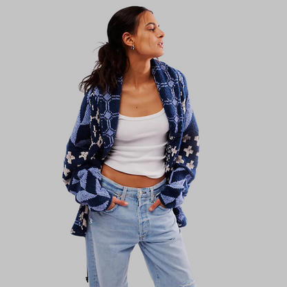 Women's Geometric Print Cardigan – Shawl Collar Button Front