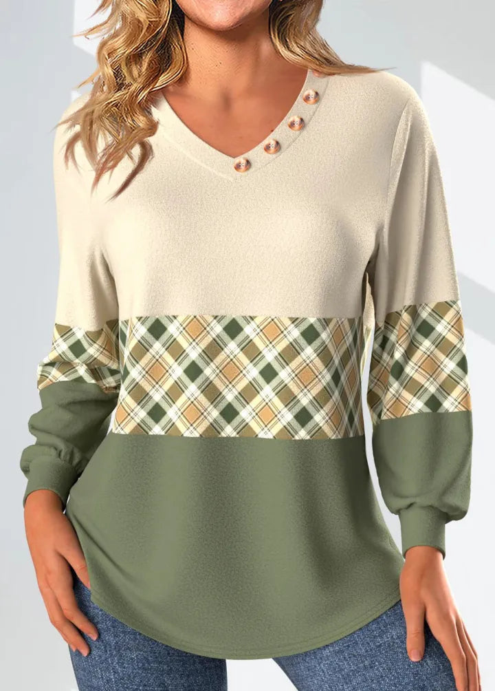 Women's V-Neck Long Sleeve Shirt – Button Detail
