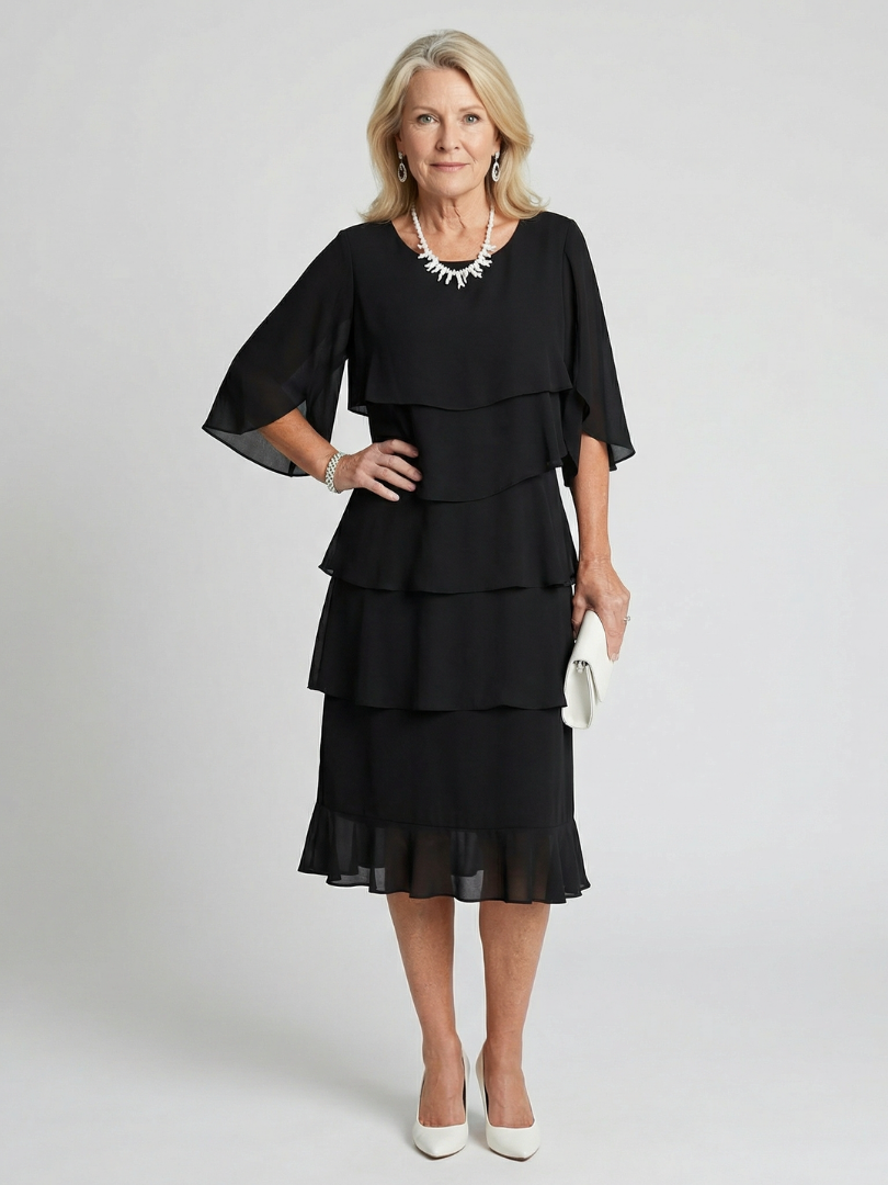 Avoria | Tiered Flutter Midi Wedding Guest Dress Elegant Style