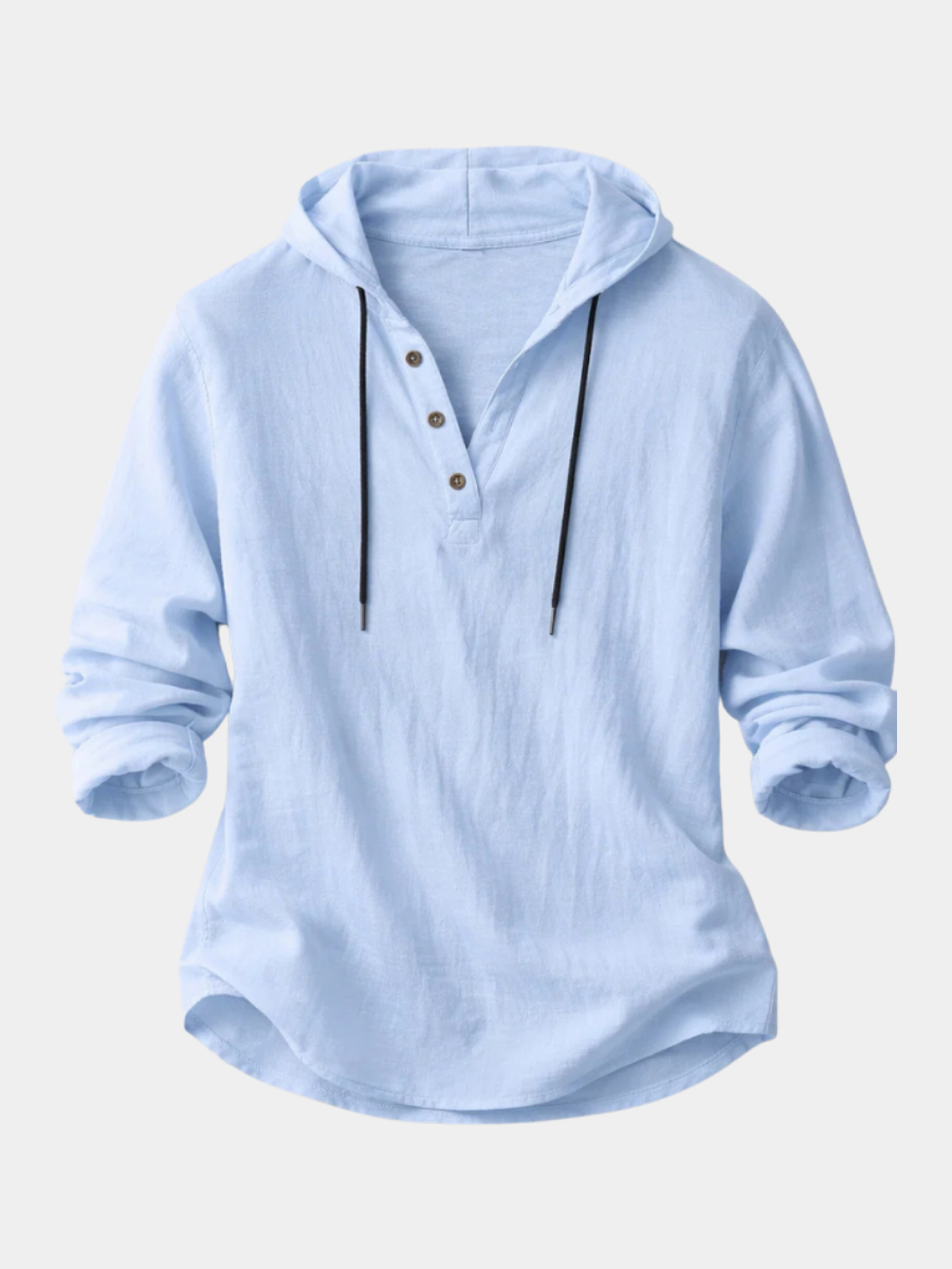 Casual Linen-Blend Pullover Shirt with Hood and Button Placket Detail