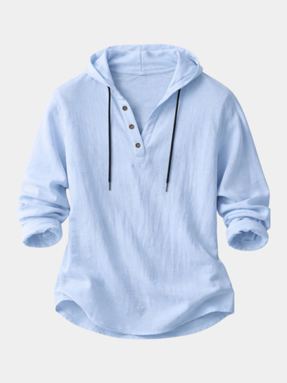 Casual Linen-Blend Pullover Shirt with Hood and Button Placket Detail