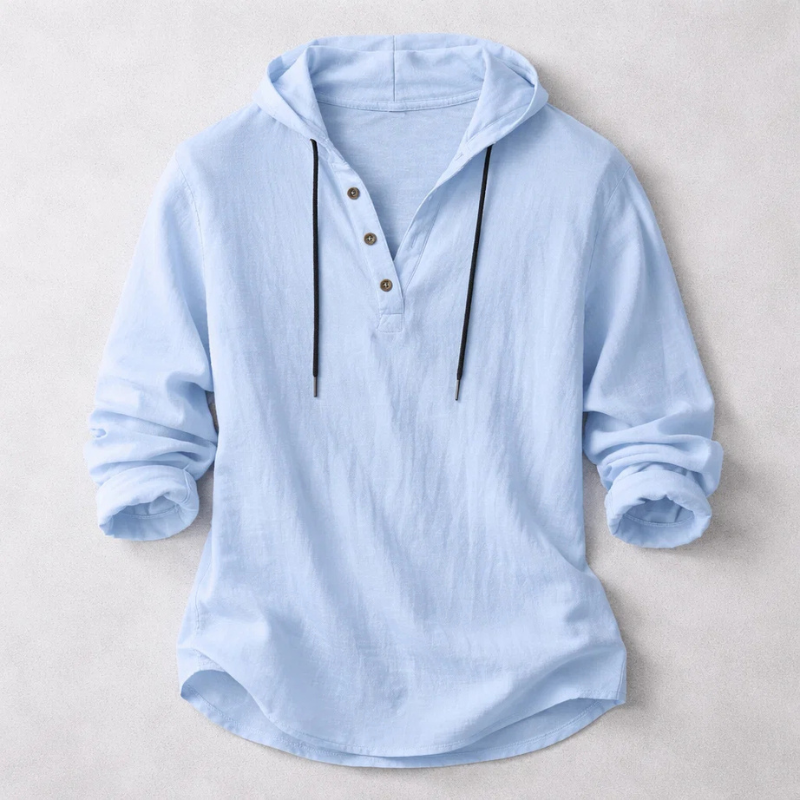 Casual Linen-Blend Pullover Shirt with Hood and Button Placket Detail