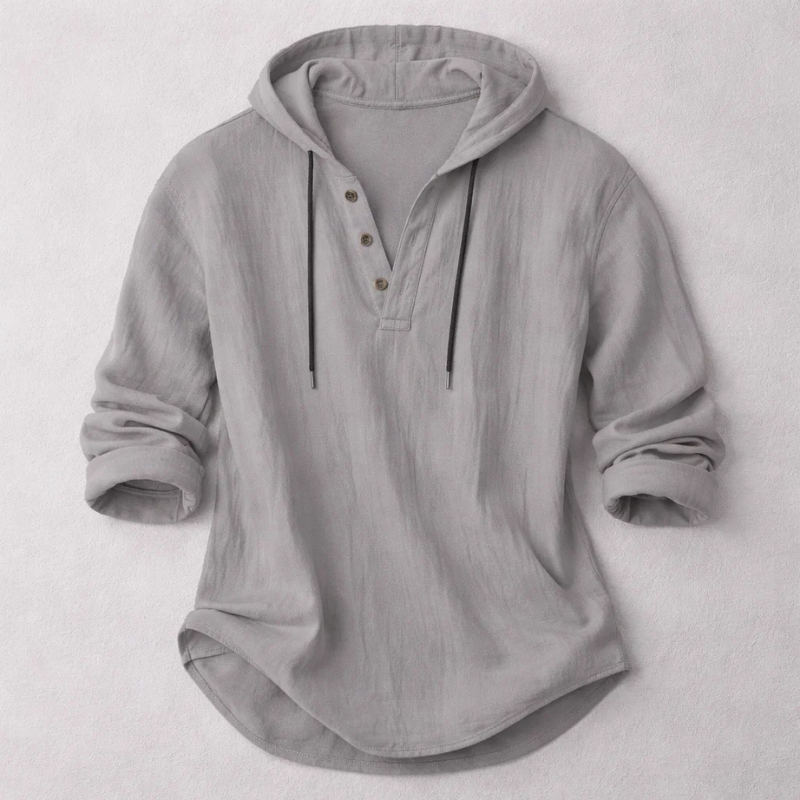 Casual Linen-Blend Pullover Shirt with Hood and Button Placket Detail