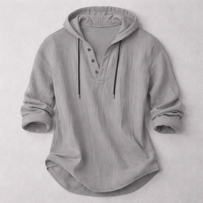 Casual Linen-Blend Pullover Shirt with Hood and Button Placket Detail