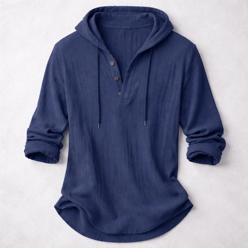 Casual Linen-Blend Pullover Shirt with Hood and Button Placket Detail