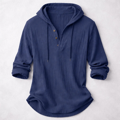 Casual Linen-Blend Pullover Shirt with Hood and Button Placket Detail