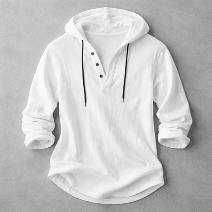 Casual Linen-Blend Pullover Shirt with Hood and Button Placket Detail