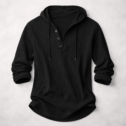 Casual Linen-Blend Pullover Shirt with Hood and Button Placket Detail