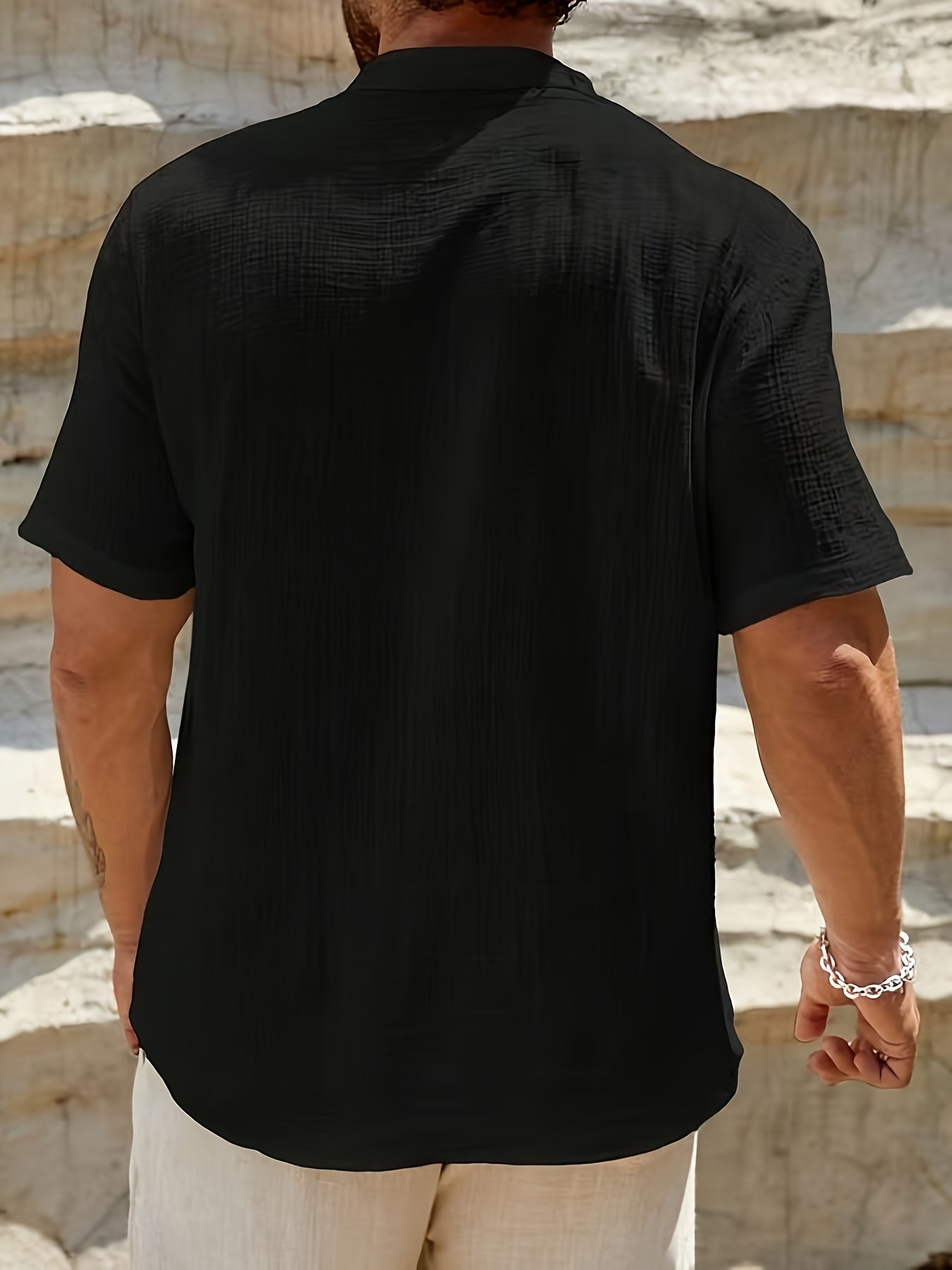 Casual Linen-Blend Shirt with Band Collar and Classic Button Placket