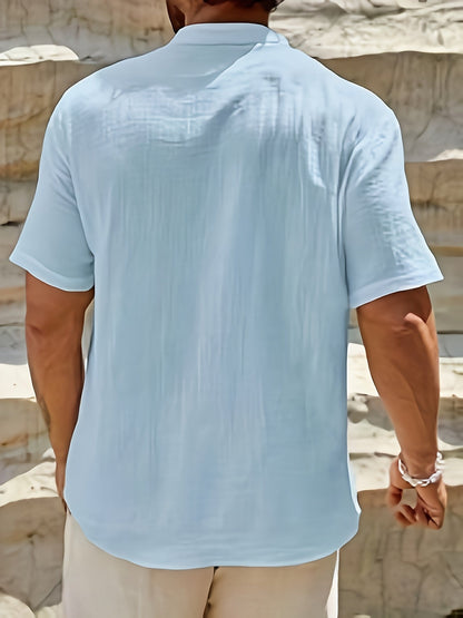 Casual Linen-Blend Shirt with Band Collar and Classic Button Placket