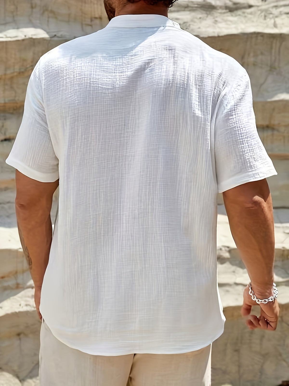 Casual Linen-Blend Shirt with Band Collar and Classic Button Placket