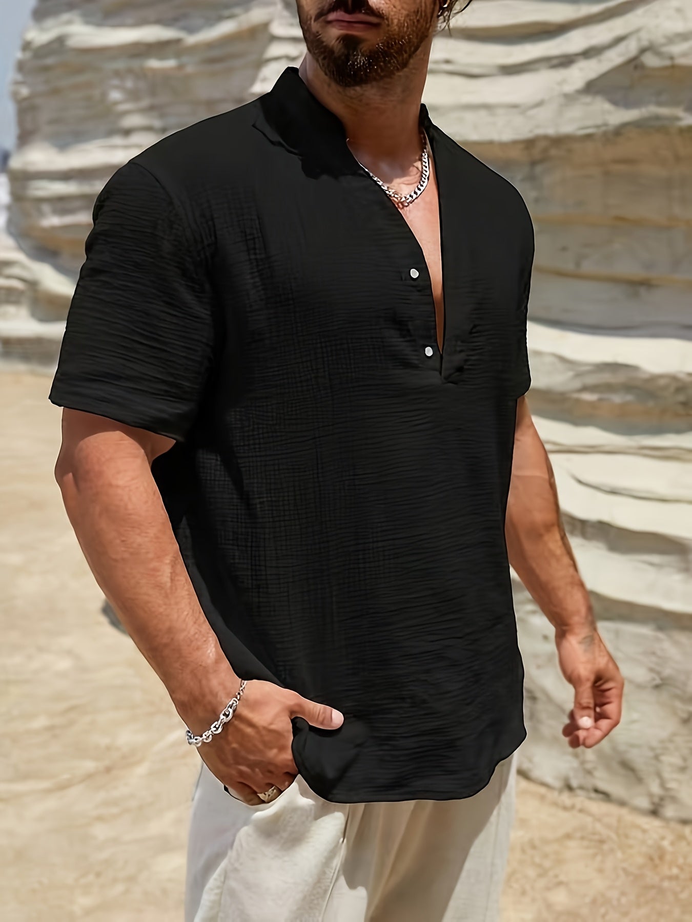 Casual Linen-Blend Shirt with Band Collar and Classic Button Placket
