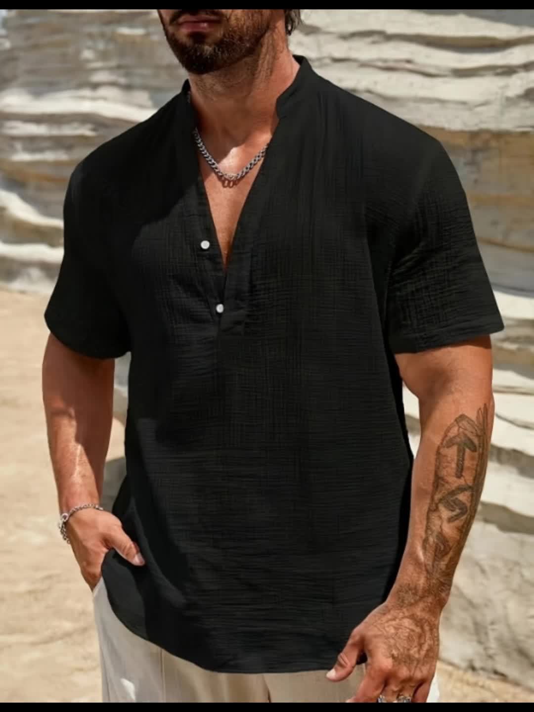 Casual Linen-Blend Shirt with Band Collar and Classic Button Placket