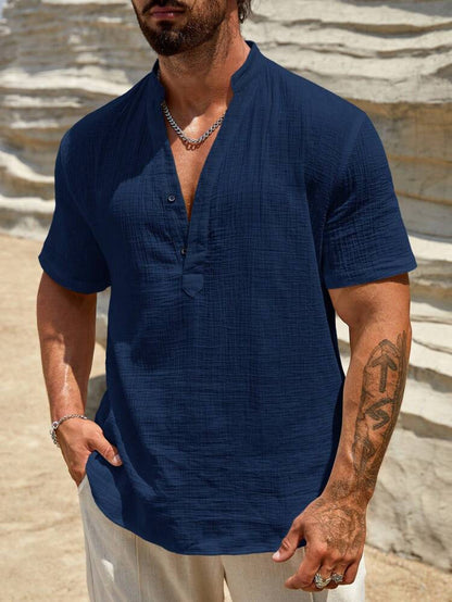 Casual Linen-Blend Shirt with Band Collar and Classic Button Placket