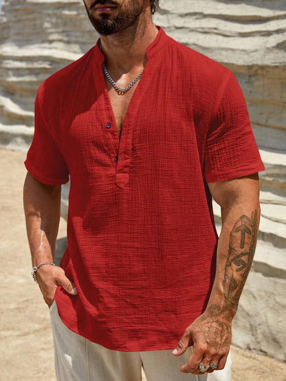 Casual Linen-Blend Shirt with Band Collar and Classic Button Placket