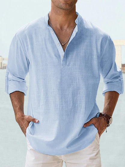 Casual Linen-Blend Shirt with Band Collar and Half Placket Style