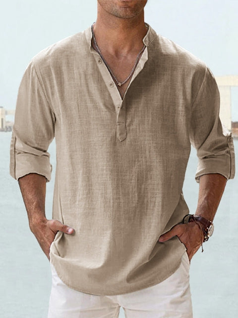 Casual Linen-Blend Shirt with Band Collar and Half Placket Style