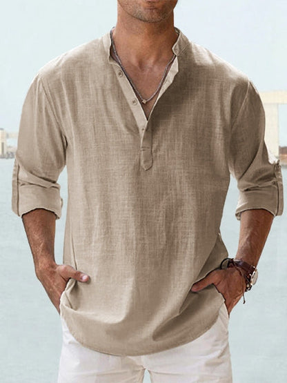 Casual Linen-Blend Shirt with Band Collar and Half Placket Style