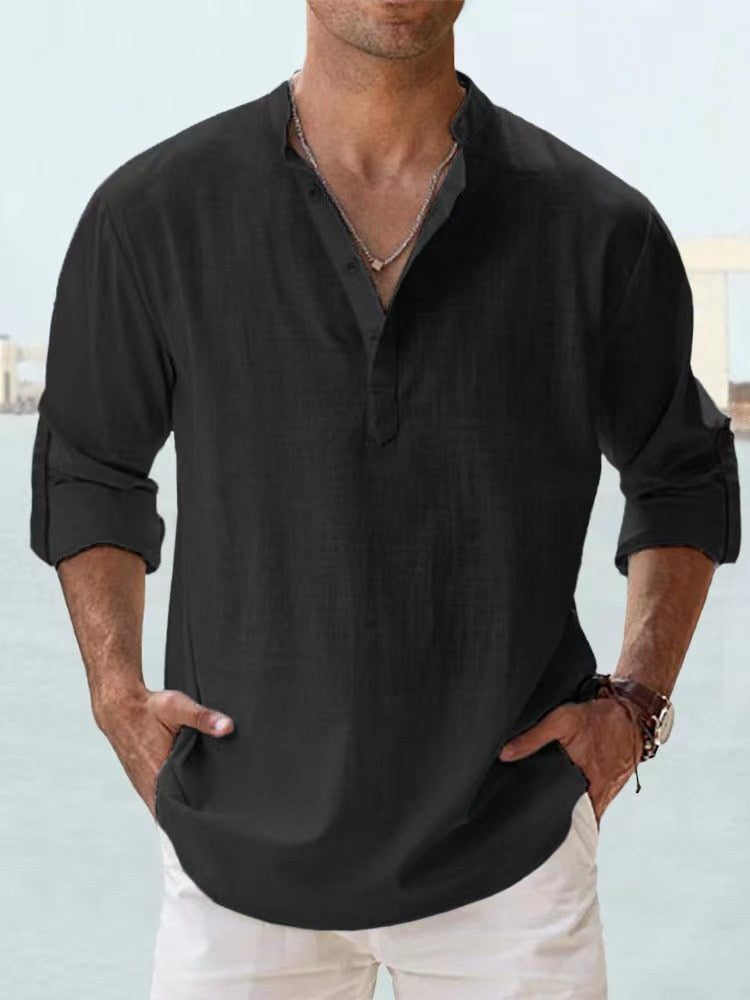 Casual Linen-Blend Shirt with Band Collar and Half Placket Style