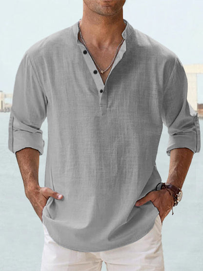 Casual Linen-Blend Shirt with Band Collar and Half Placket Style